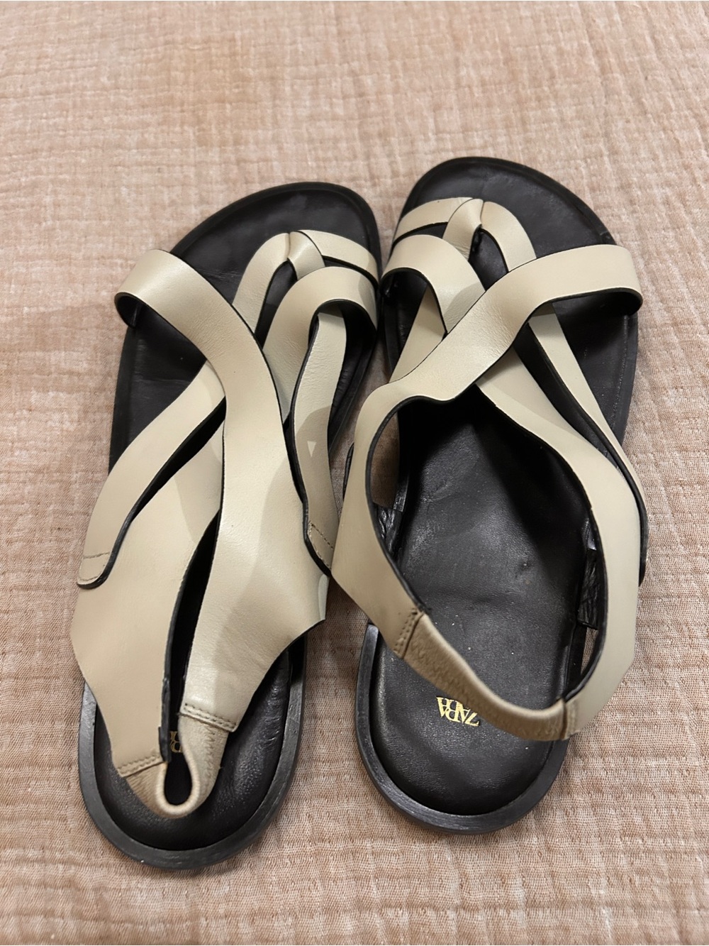 Zara Cream Strappy Leather Sandals with Black Footbed